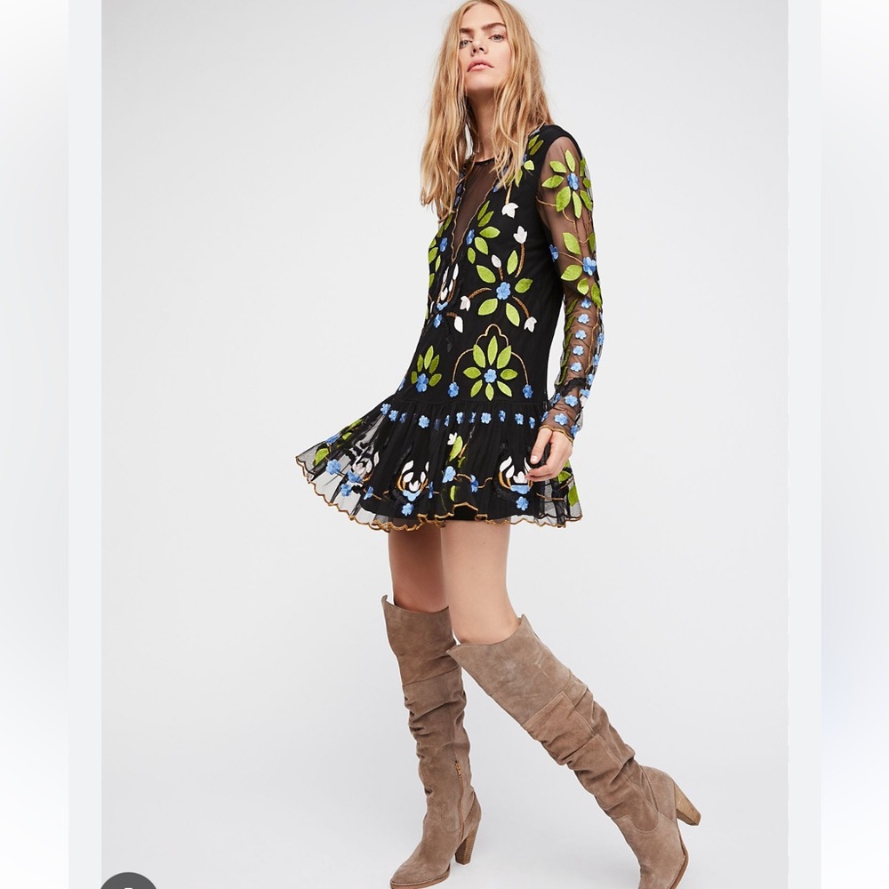 Free People Floral Embroidered Dress - Black, Green, Blue